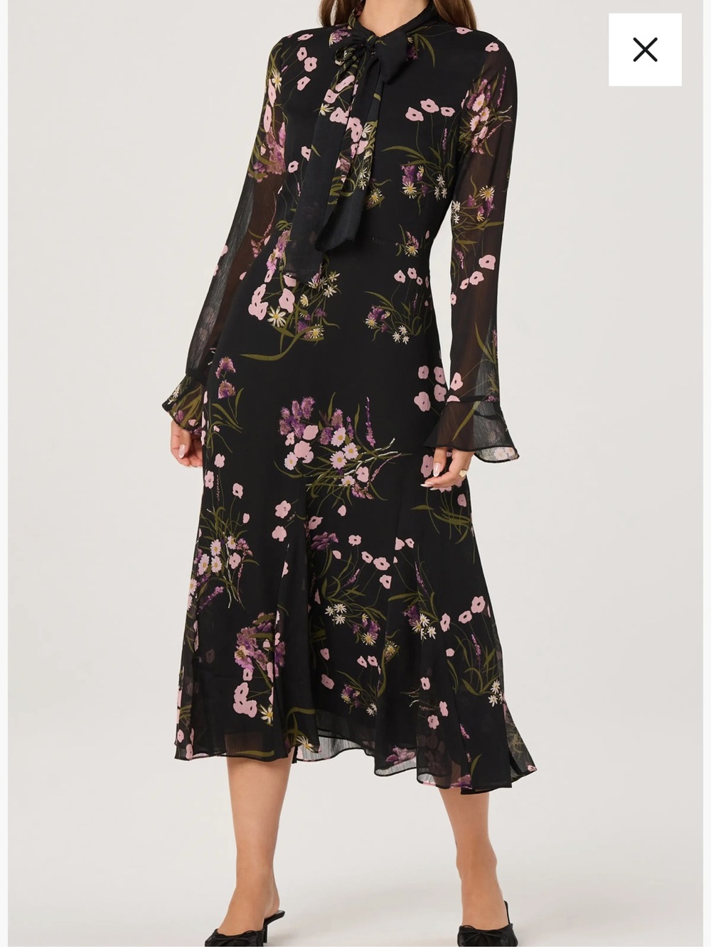 New ASTR Sz XS Women’s Black Floral Tie Neck Long Sleeve Midi Dress Ret $109!